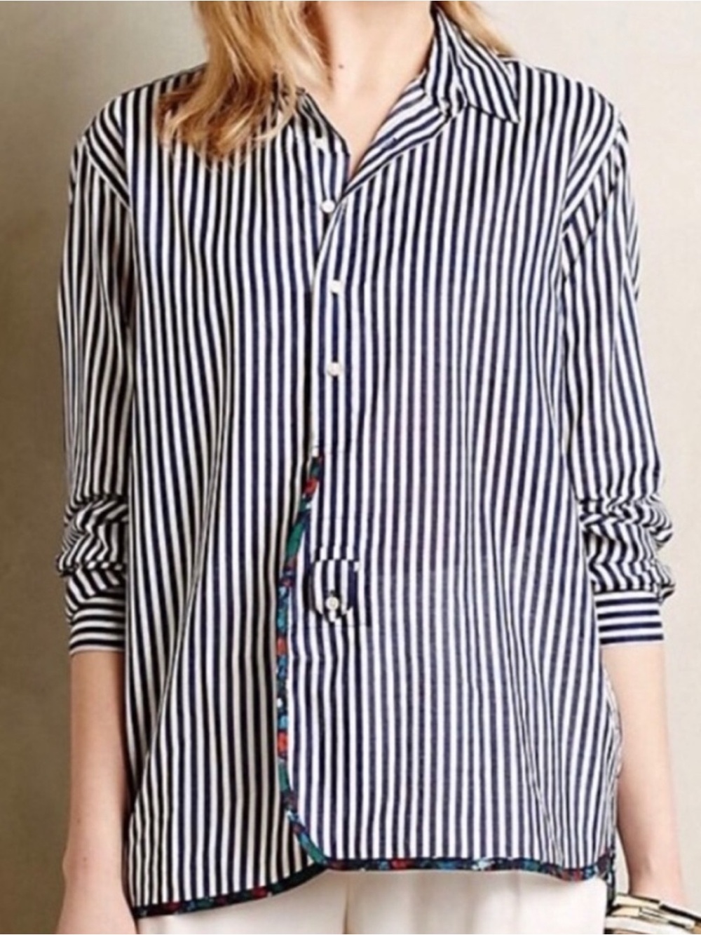 Anthropologie Holding Horses Stripe Blouse size M Floral Trimmed Button Down NWT
